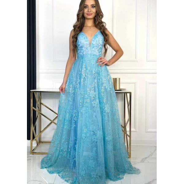 SVEČANA DOLGA MODRA OBLEKA IZ TILA